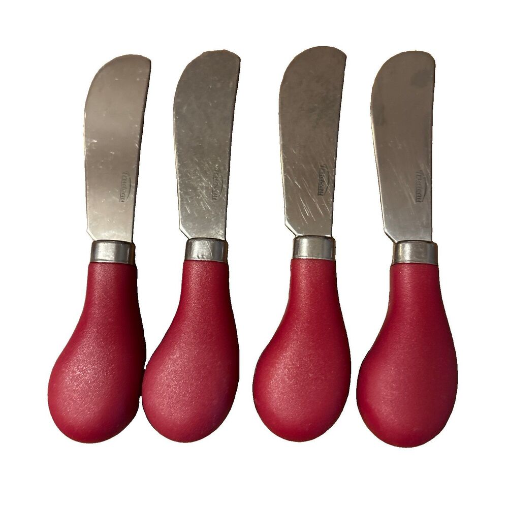 Lot Of 4 Trudeau Red Handle Cheese Condiment Dip Spreader Stainless Steel